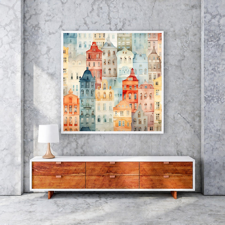 Wadi Home watercolor cityscape wall art featuring colorful European buildings in a playful, artistic style.