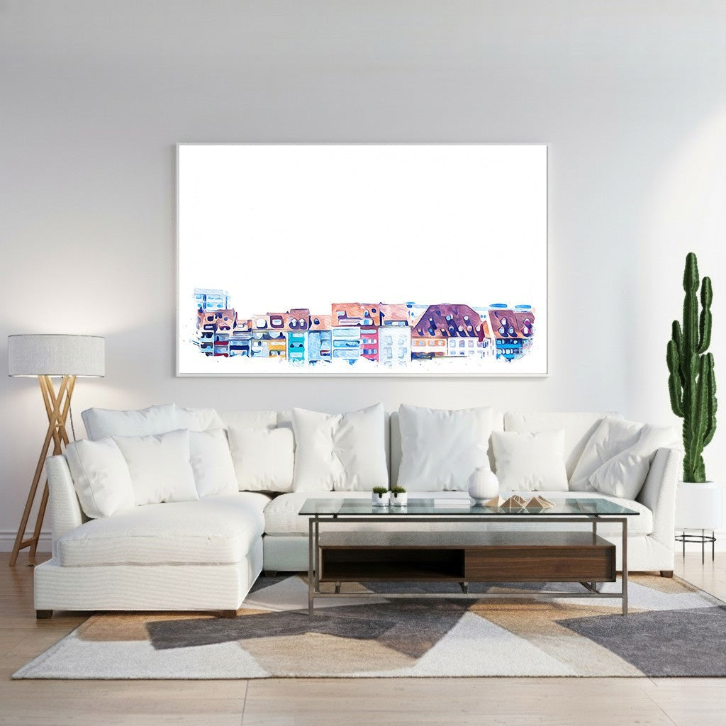 Wadi Home watercolor cityscape wall art featuring colorful European-style buildings in a vibrant, artistic style.