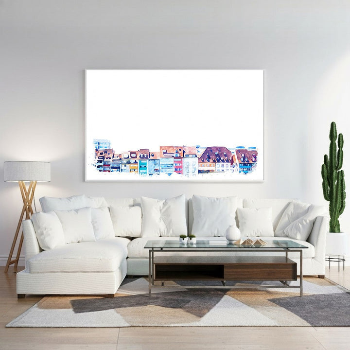 Wadi Home watercolor cityscape wall art featuring colorful European-style buildings in a vibrant, artistic style.