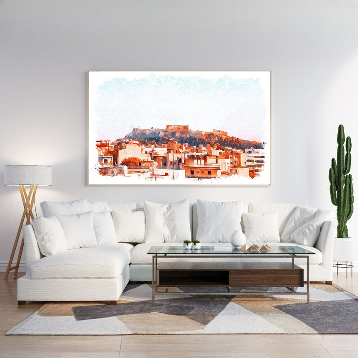 Wadi Home watercolor cityscape wall art featuring historic European architecture in warm sunlight.