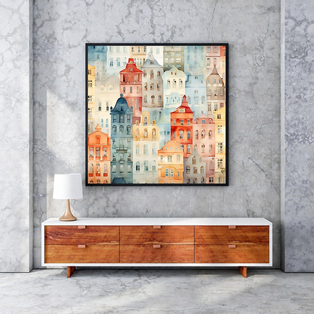 Wadi Home watercolor cityscape wall art featuring colorful European buildings in red, blue, and orange hues.