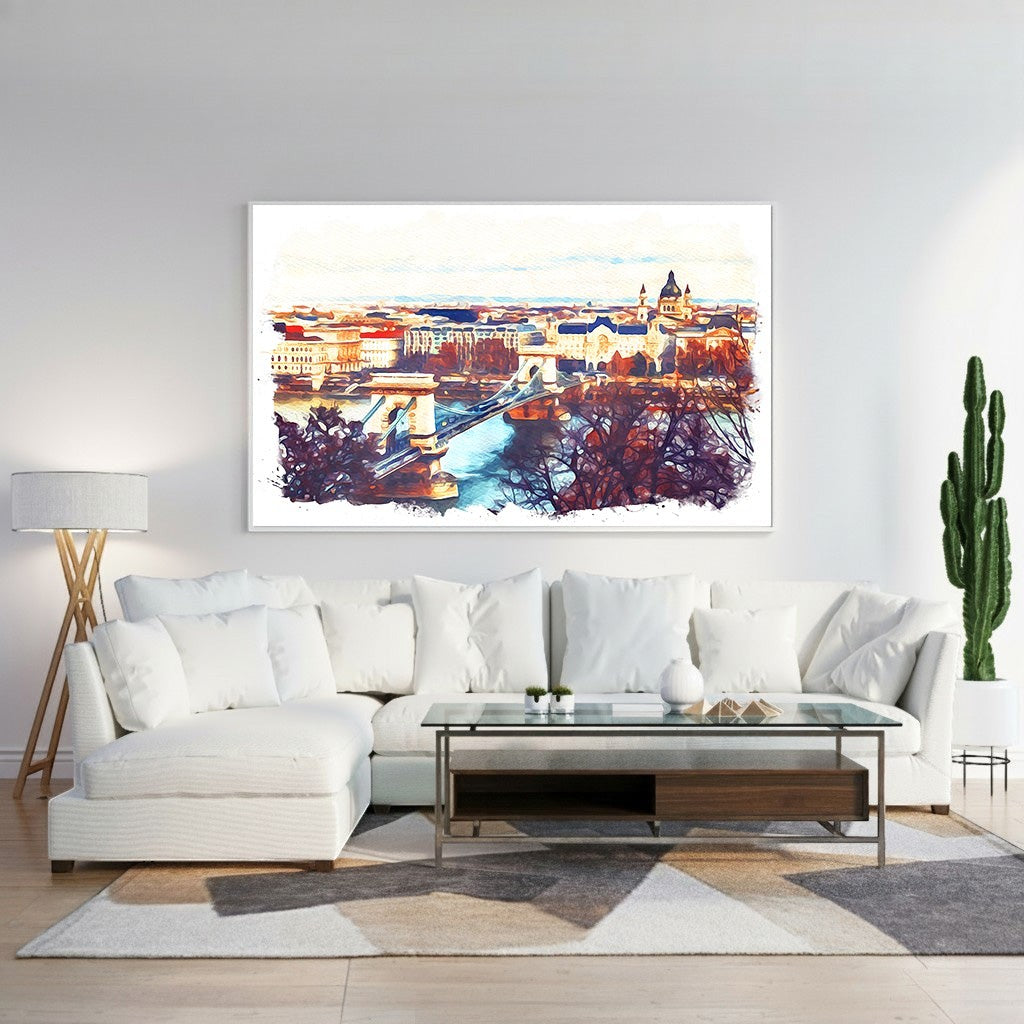 Wadi Home watercolor cityscape wall art featuring a European city with a bridge and historic architecture in vibrant colors.
