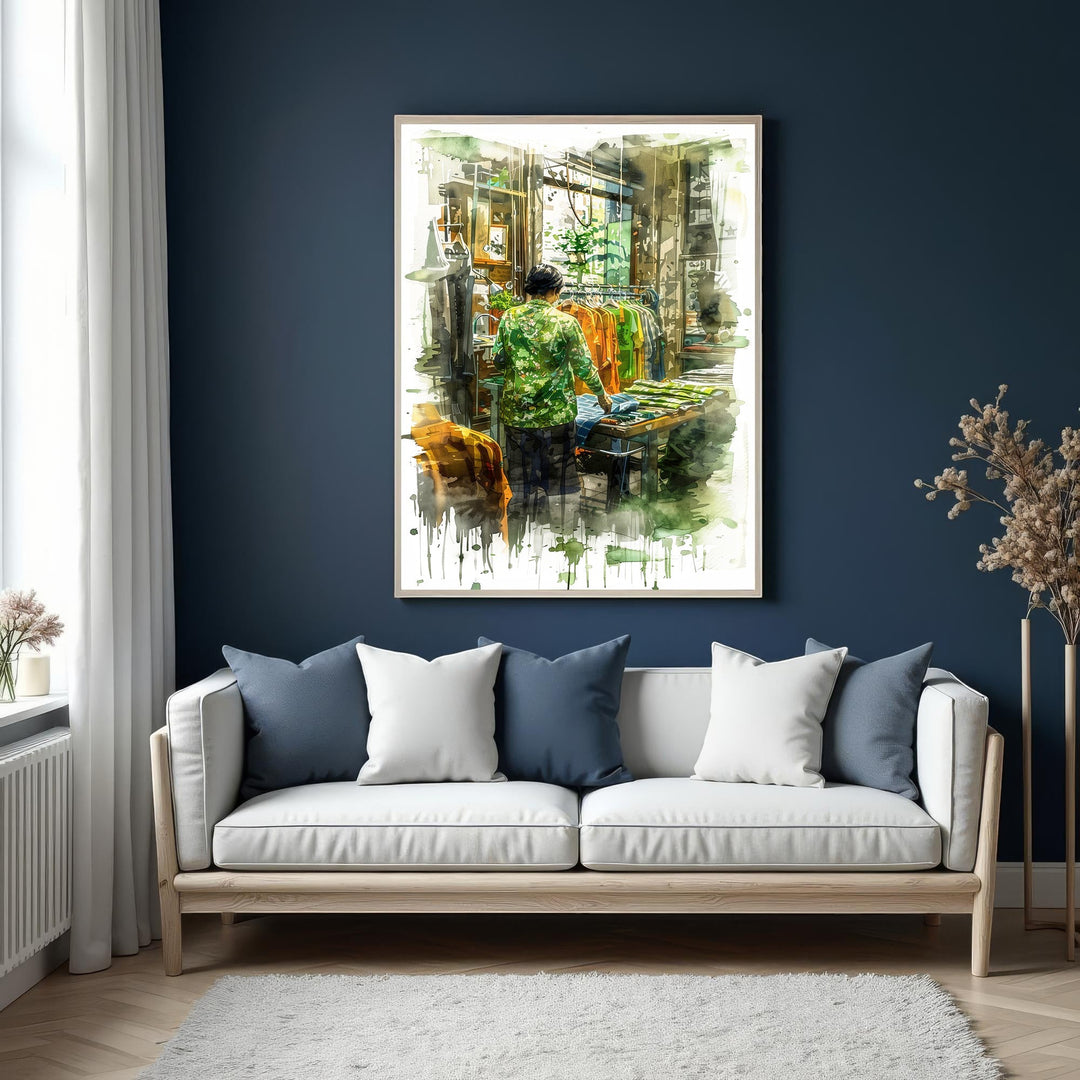Wadi Home watercolor print of a person browsing racks of colorful clothing in a boutique. Expressive brushstrokes and rich colors.