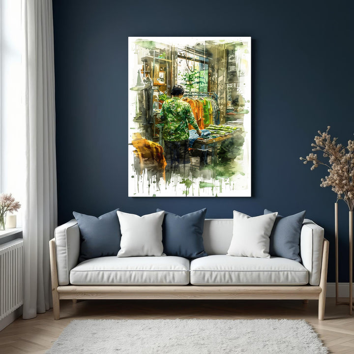Wadi Home watercolor print of a person browsing racks of colorful clothing in a boutique. Expressive brushstrokes and vibrant colors.