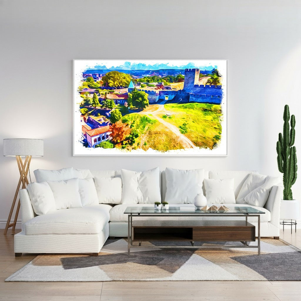 Wadi Home watercolor landscape wall art featuring a historic castle bathed in sunlight with vivid blues, greens, and yellows.