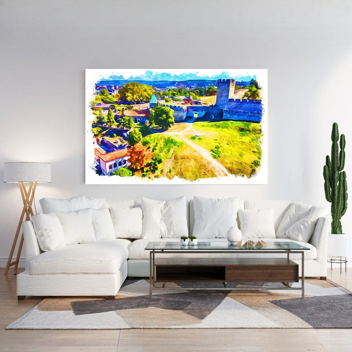 Wadi Home watercolor landscape wall art featuring a historic castle bathed in sunlight with vivid blues, greens, and yellows.