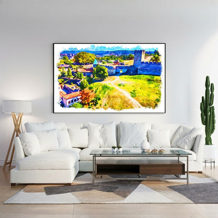 Wadi Home watercolor landscape wall art featuring a castle bathed in sunlight with vivid blues, greens, and yellows.