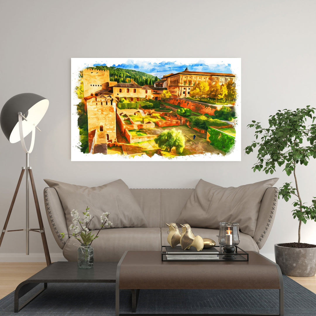 Wadi Home watercolor landscape art print of an ancient fortress and gardens with vibrant green trees and blue sky.