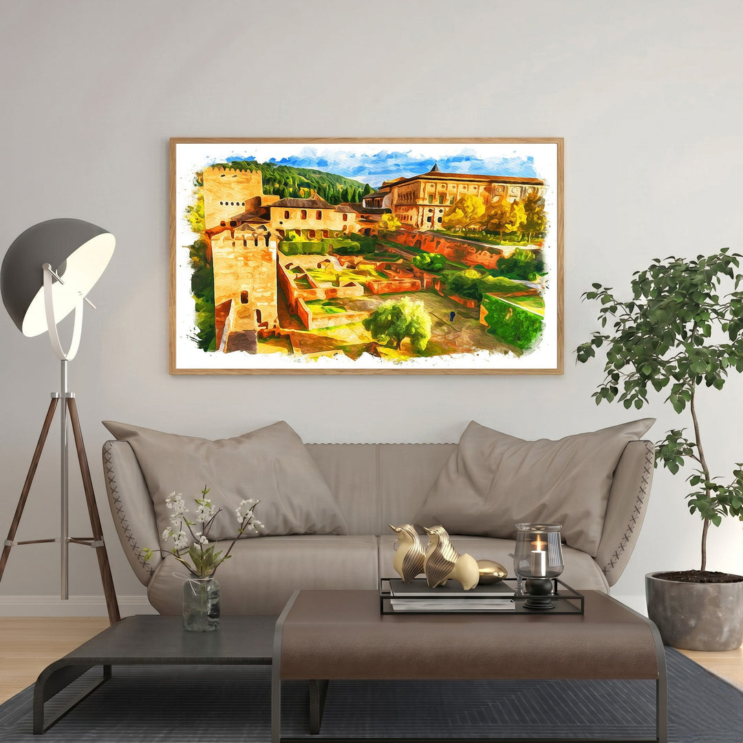 Wadi Home watercolor landscape art print of an ancient fortress and gardens, framed and ready to hang.