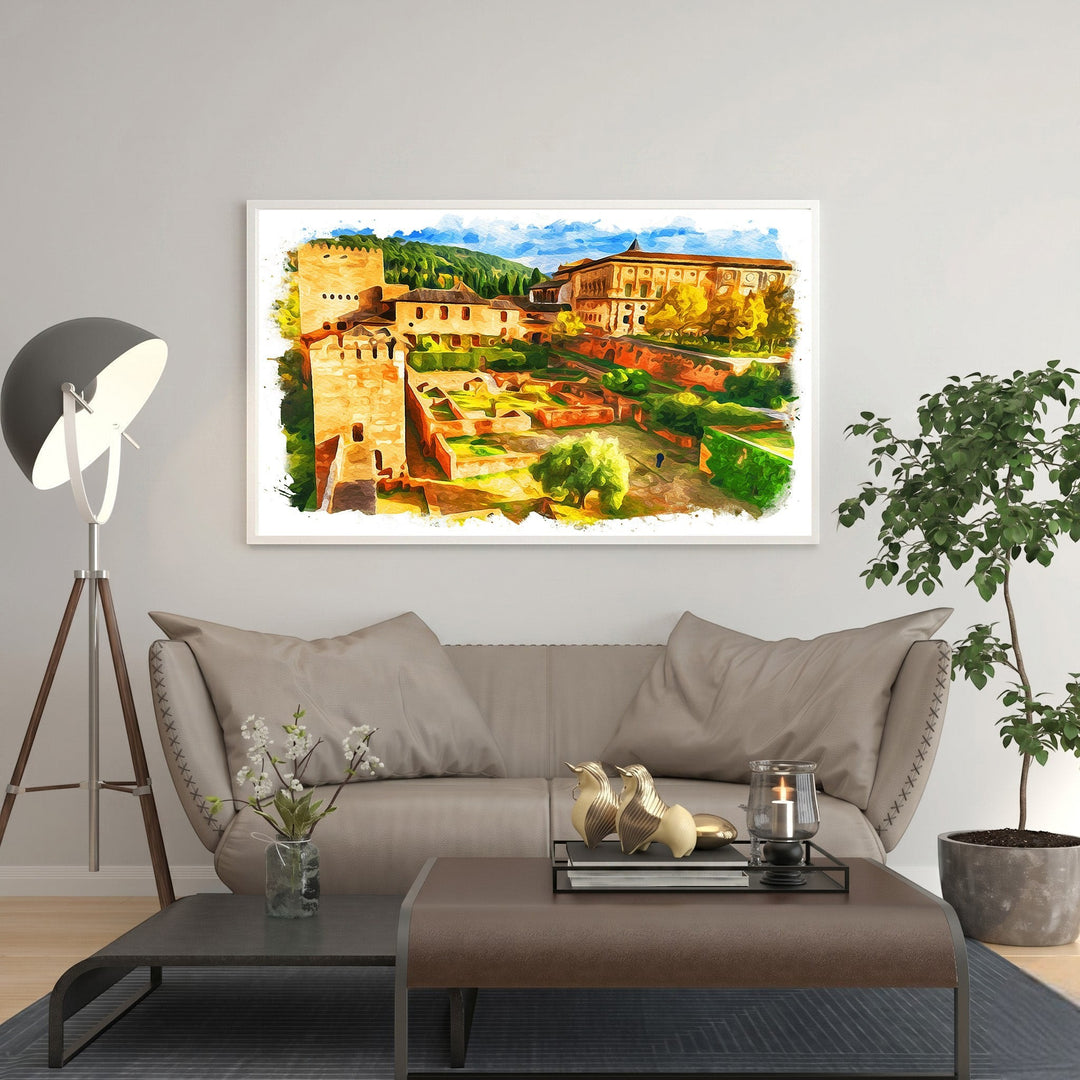 Wadi Home watercolor landscape art print of an ancient fortress with lush gardens, vibrant colors, framed and ready to hang.
