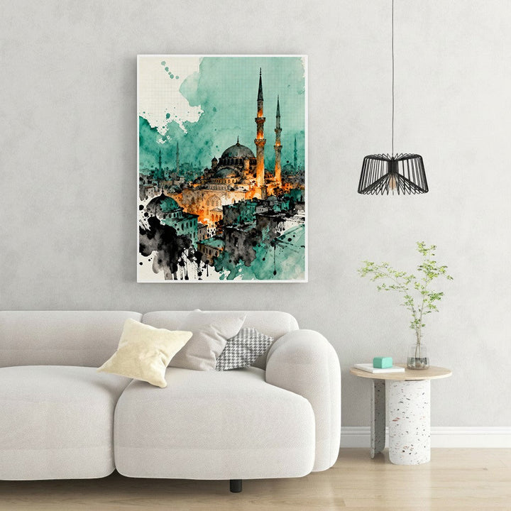 Wadi Home watercolor mosque cityscape wall art in teal and orange. Islamic architecture with intricate details.