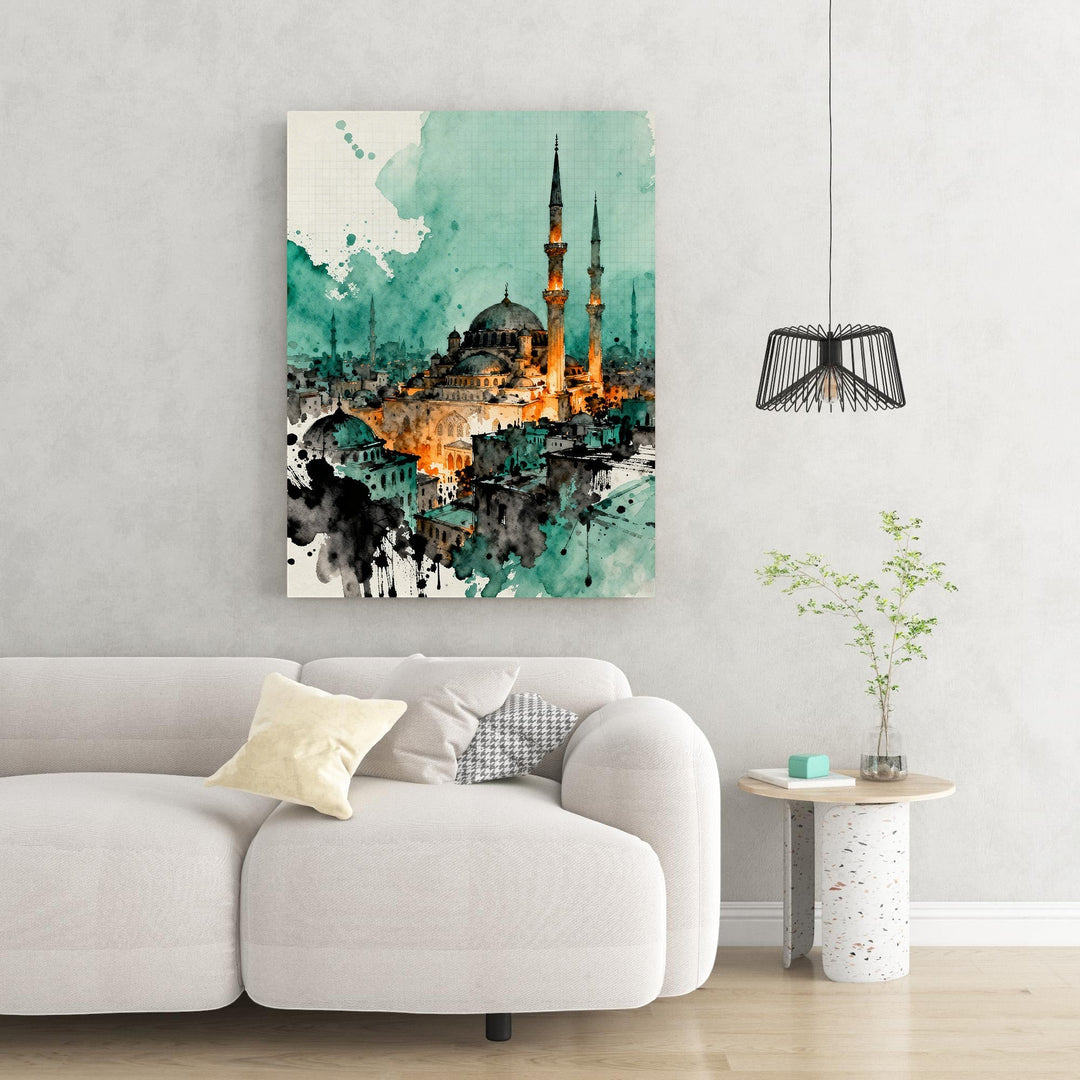 Wadi Home watercolor mosque cityscape wall art with teal and orange hues, featuring Islamic architecture and city skyline.