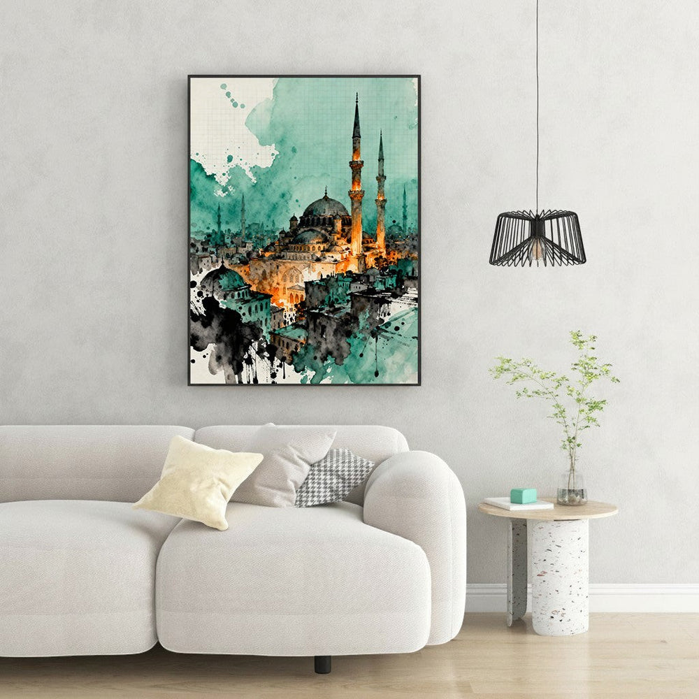 Wadi Home watercolor mosque cityscape wall art in teal and orange, featuring Islamic architecture and city skyline.
