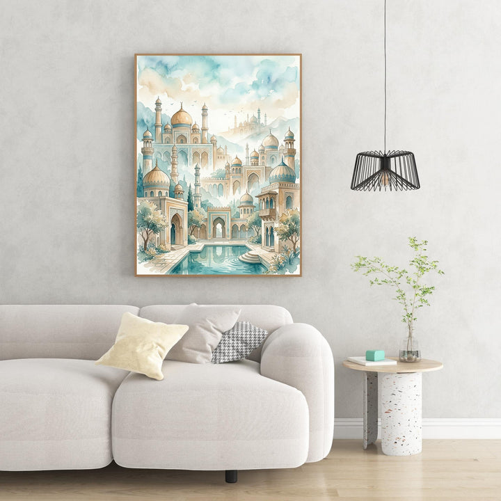 Wadi Home watercolor landscape art of a palace complex with domes, minarets, pool, and greenery in soft blues, greens, and golds.