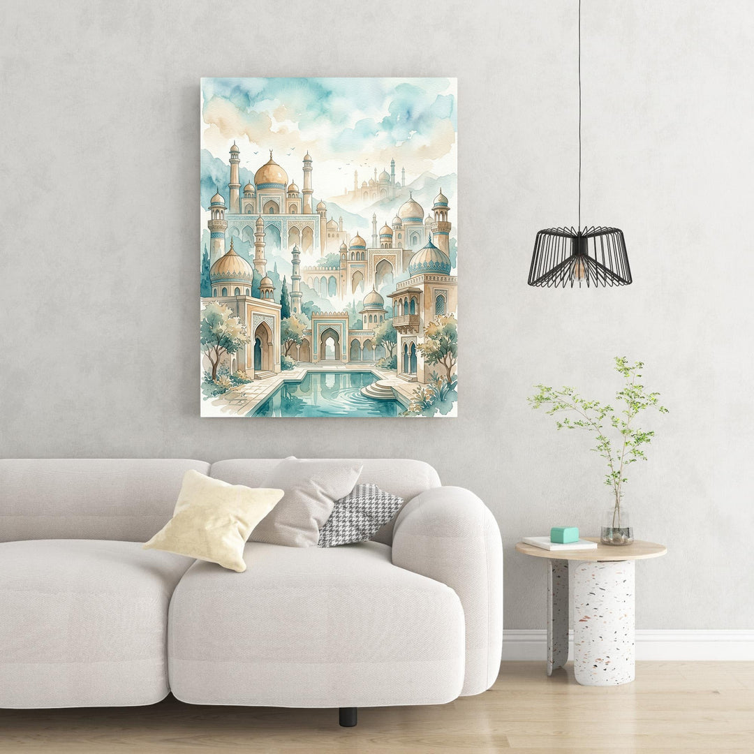 Wadi Home watercolor landscape art of a palace complex with domes, minarets, pool, and greenery in soft blues, greens, and golds.