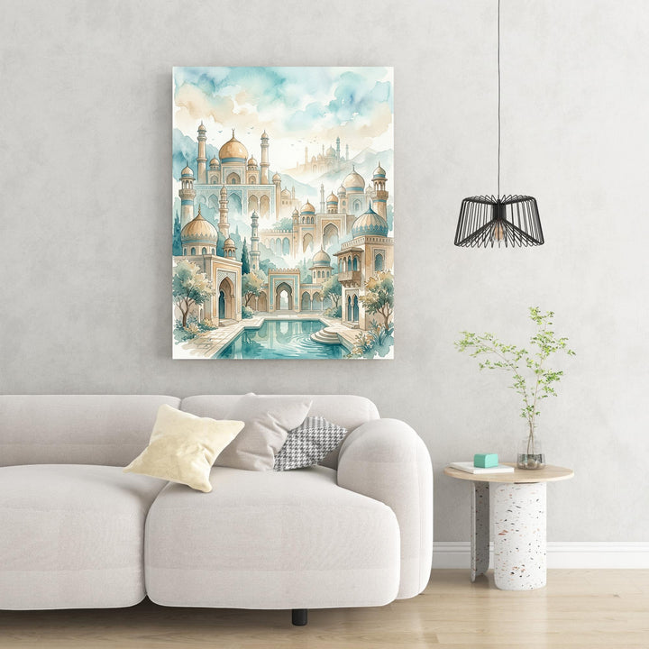Wadi Home watercolor landscape art of a palace complex with domes, minarets, pool, and greenery in soft blues, greens, and golds.