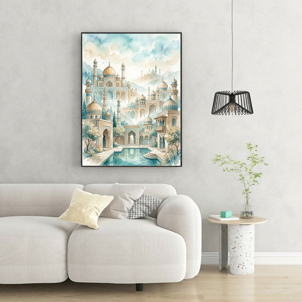 Wadi Home watercolor landscape art of a palace complex with domes, minarets, pool, and greenery in soft blues, greens, and golds.