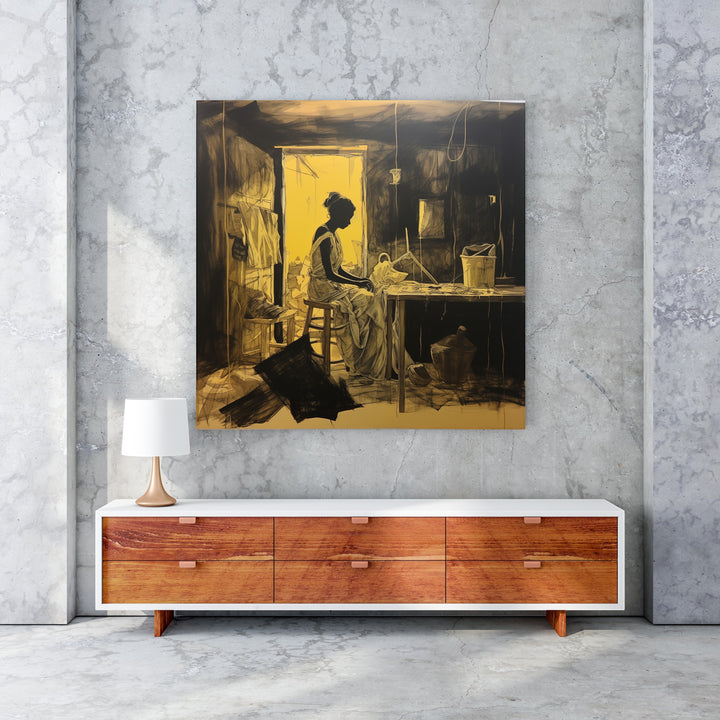 Wadi Home's Weaver's Solitude wall art depicts a woman weaving in a dimly lit room with ochre and black tones.