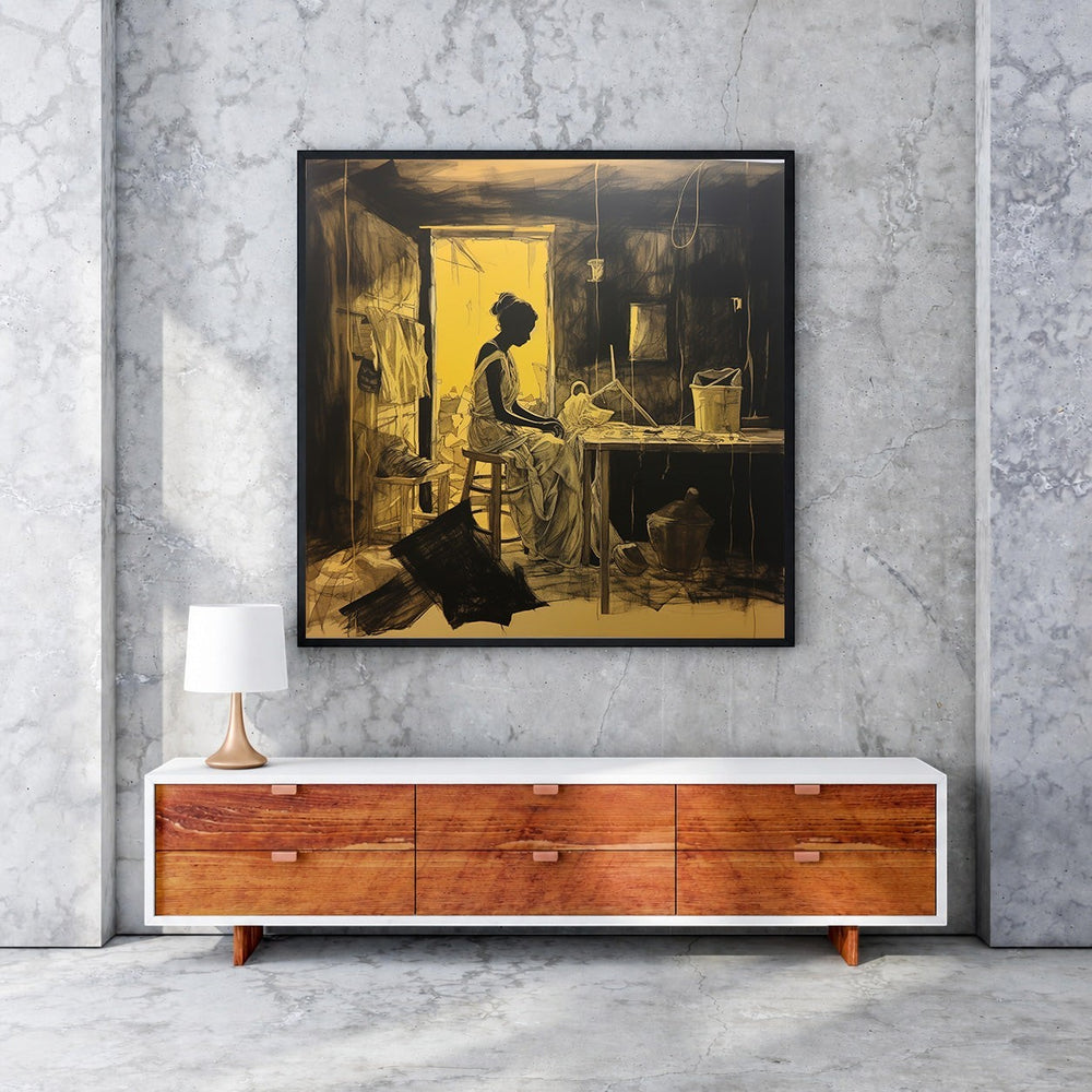 Wadi Home The Weaver's Solitude wall art, black and ochre painting of a woman weaving in a rustic room.