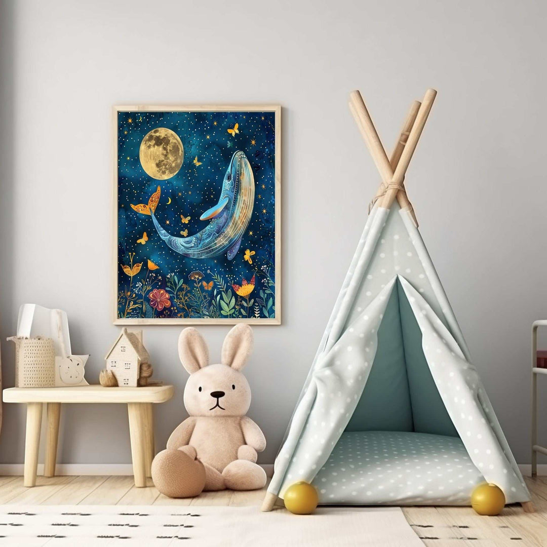 Wadi Home Whale and Moon Nursery Art: blue whale under moon with stars, flowers, and butterflies.