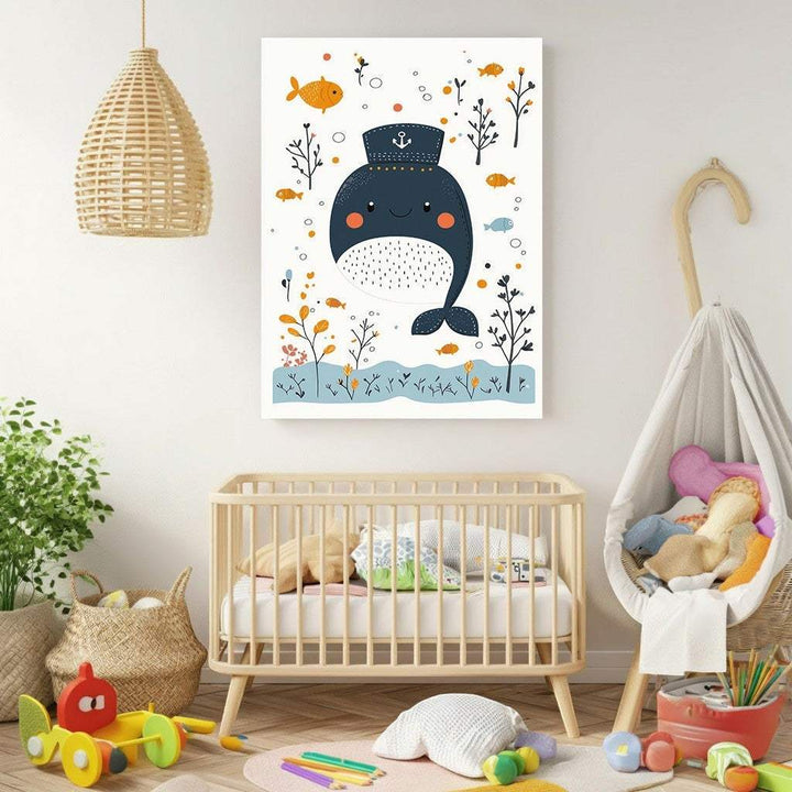 Wadi Home whimsical whale nursery art print with sailor hat and fish, framed or canvas.