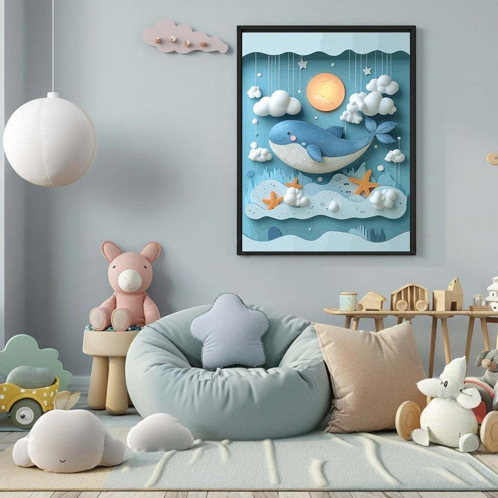 Wadi Home whimsical blue whale and starfish nursery wall art with clouds and moon. Perfect for baby room decor.