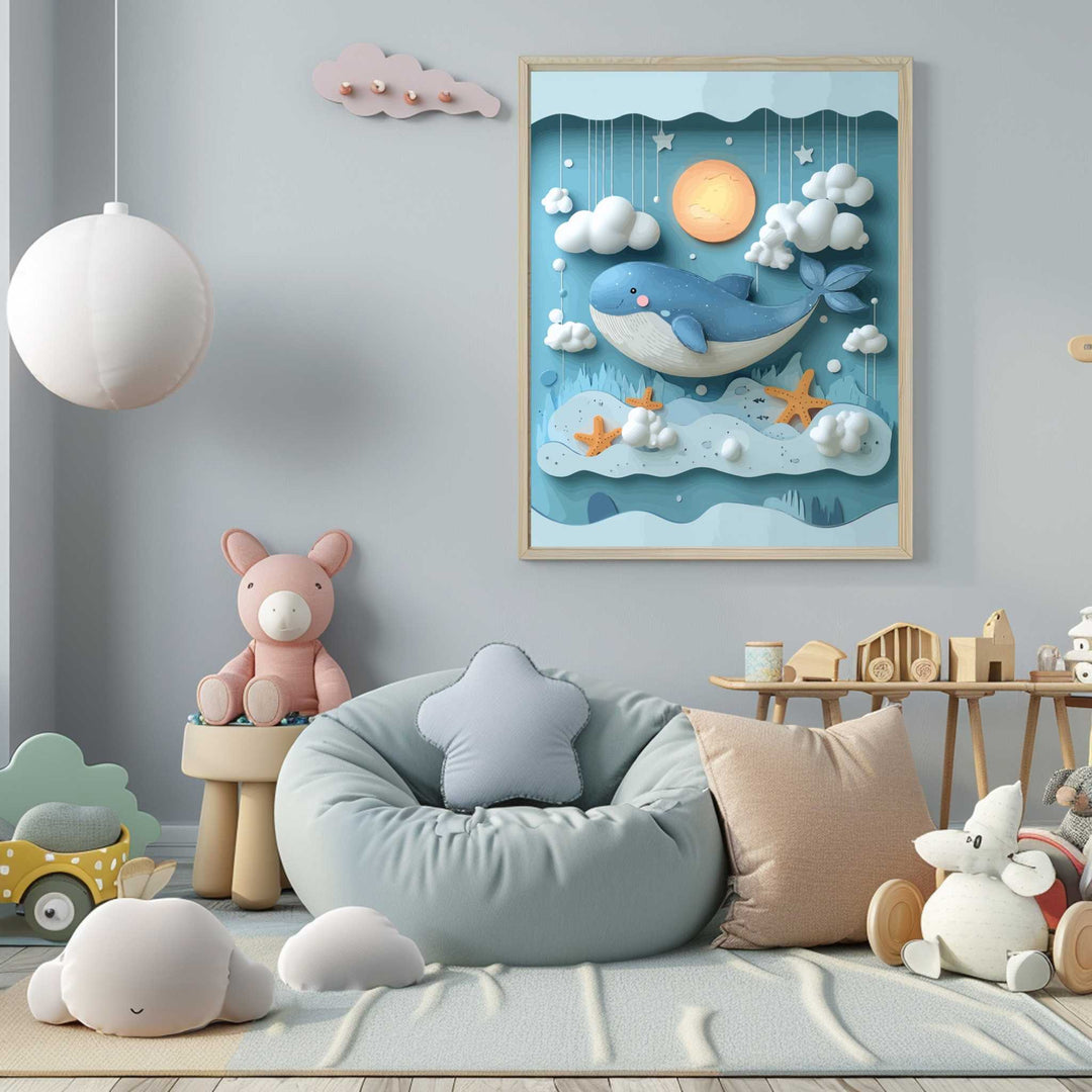Wadi Home whimsical blue whale and starfish nursery wall art with clouds and moon. Gentle ocean theme.