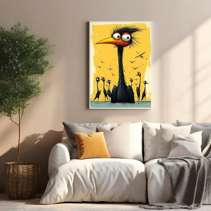 Wadi Home Whimsical Bird Family wall art with a large-eyed black bird and smaller birds on a yellow background.