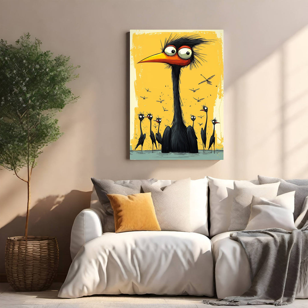 Wadi Home Whimsical Bird Family wall art with a large-eyed black bird and smaller birds on a yellow background.