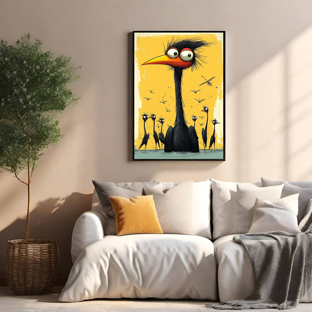 Wadi Home Whimsical Bird Family wall art with a large-eyed black bird and smaller birds on a vibrant yellow background.