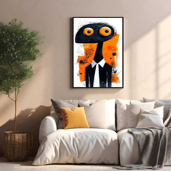Wadi Home whimsical creature in suit wall art, black creature with orange eyes in a suit on abstract orange and black background.