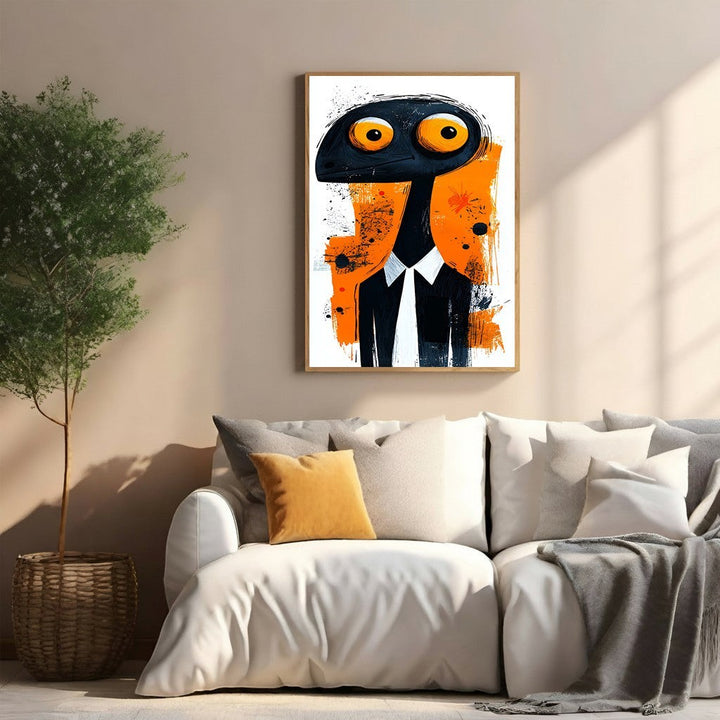 Wadi Home whimsical creature in suit wall art, black creature with orange eyes in a suit on abstract orange and black background.