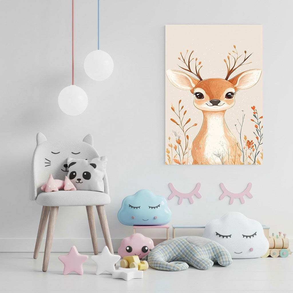 Wadi Home whimsical deer woodland nursery art print with autumn foliage. Gentle brown and orange tones.