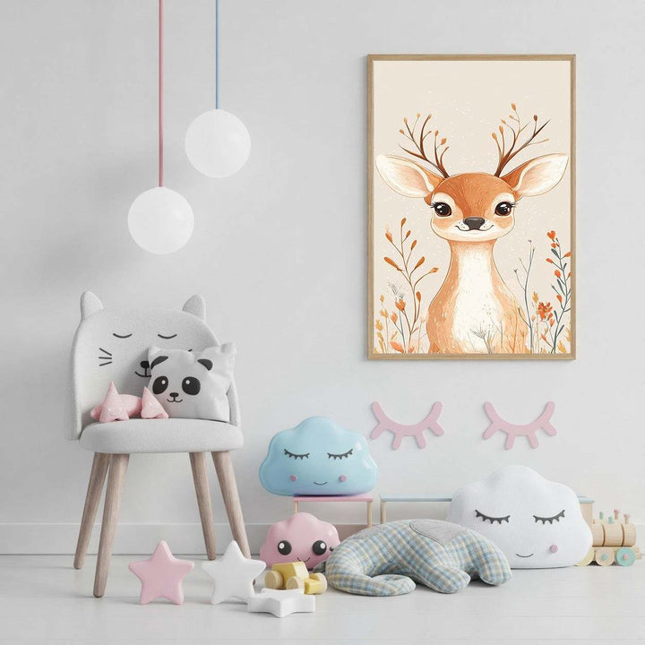 Wadi Home whimsical deer woodland nursery art print with autumn foliage. Gentle colours and endearing subject.