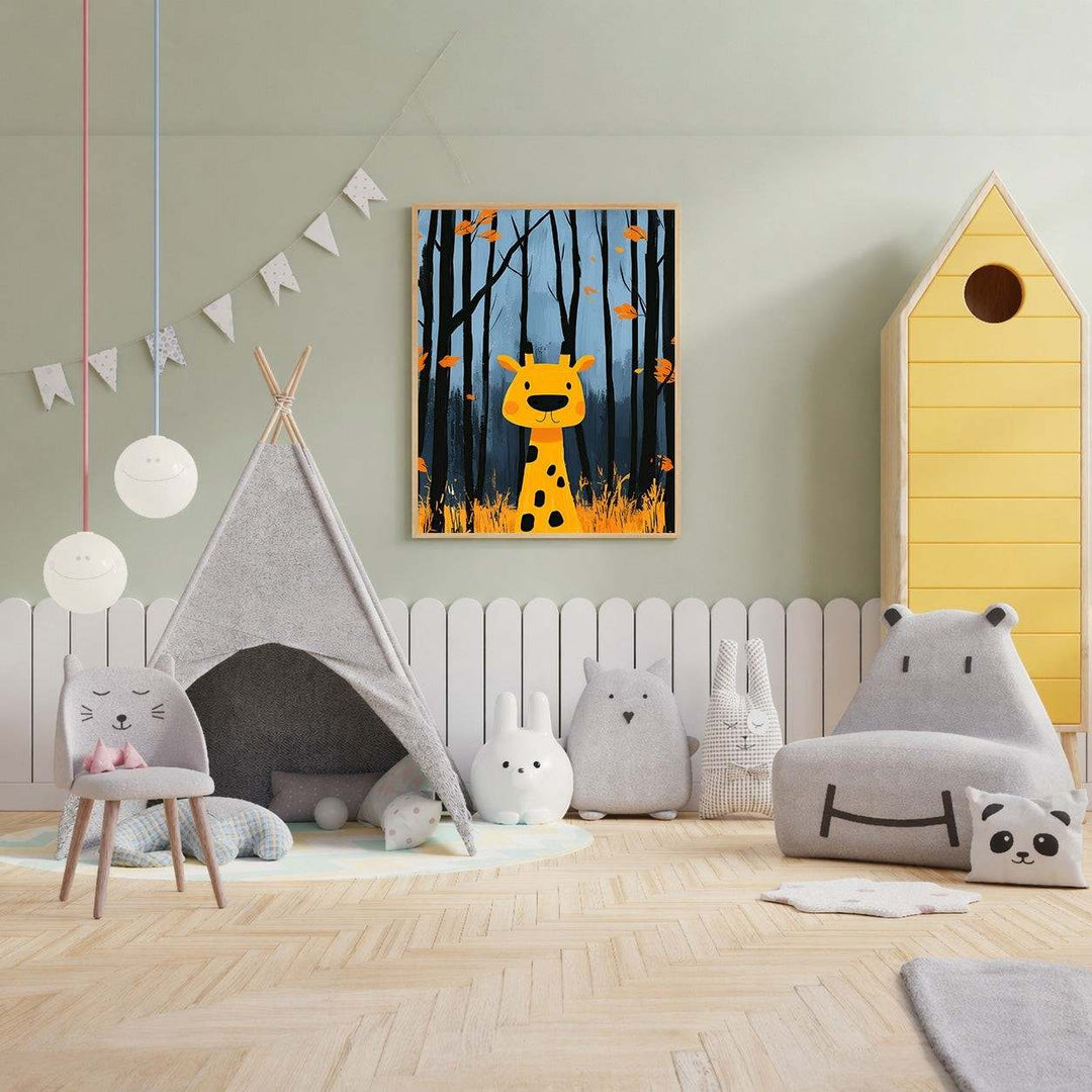 Wadi Home whimsical yellow giraffe in a blue autumn forest with falling leaves, framed wall art for kids' room.