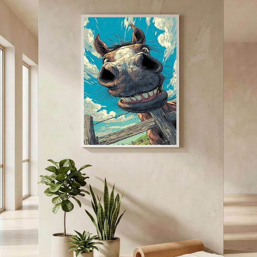 Wadi Home whimsical horse portrait wall art with a goofy grin against a blue sky with clouds.