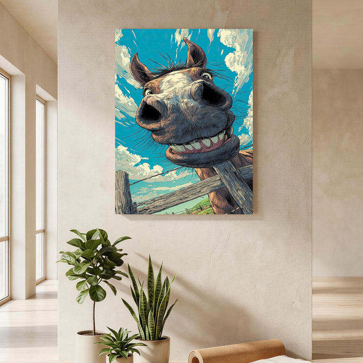 Wadi Home whimsical horse portrait wall art with a goofy grin against a bright blue sky and clouds.