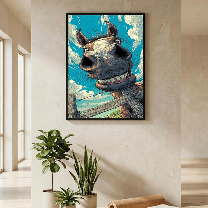 Wadi Home whimsical horse portrait wall art with a goofy grin against a bright blue sky and clouds.