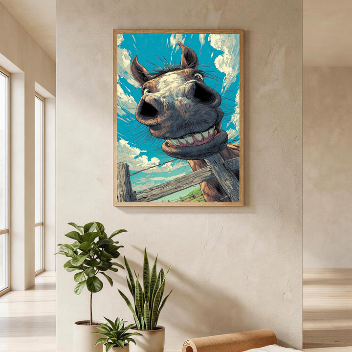 Wadi Home whimsical horse portrait wall art with a goofy grin against a blue sky with clouds.