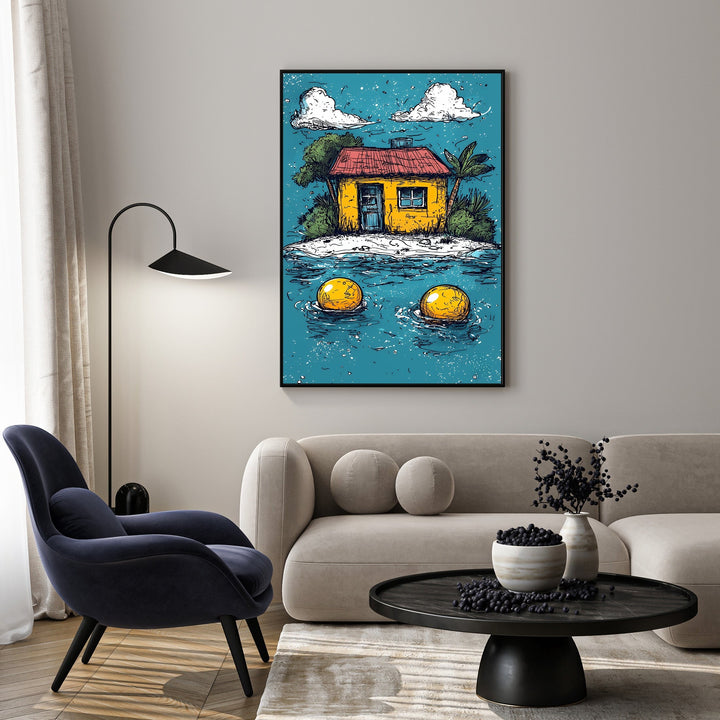 Wadi Home whimsical island house artwork with yellow house, red roof, palm tree, and floating yellow orbs in turquoise water.