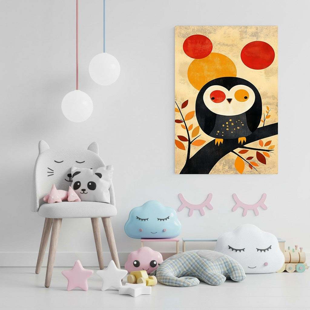 Wadi Home whimsical owl art print on a branch with red and orange circles in a child's room.