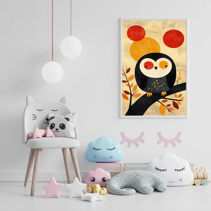 Wadi Home Whimsical owl art print on a branch with red and orange circles in a child's room.