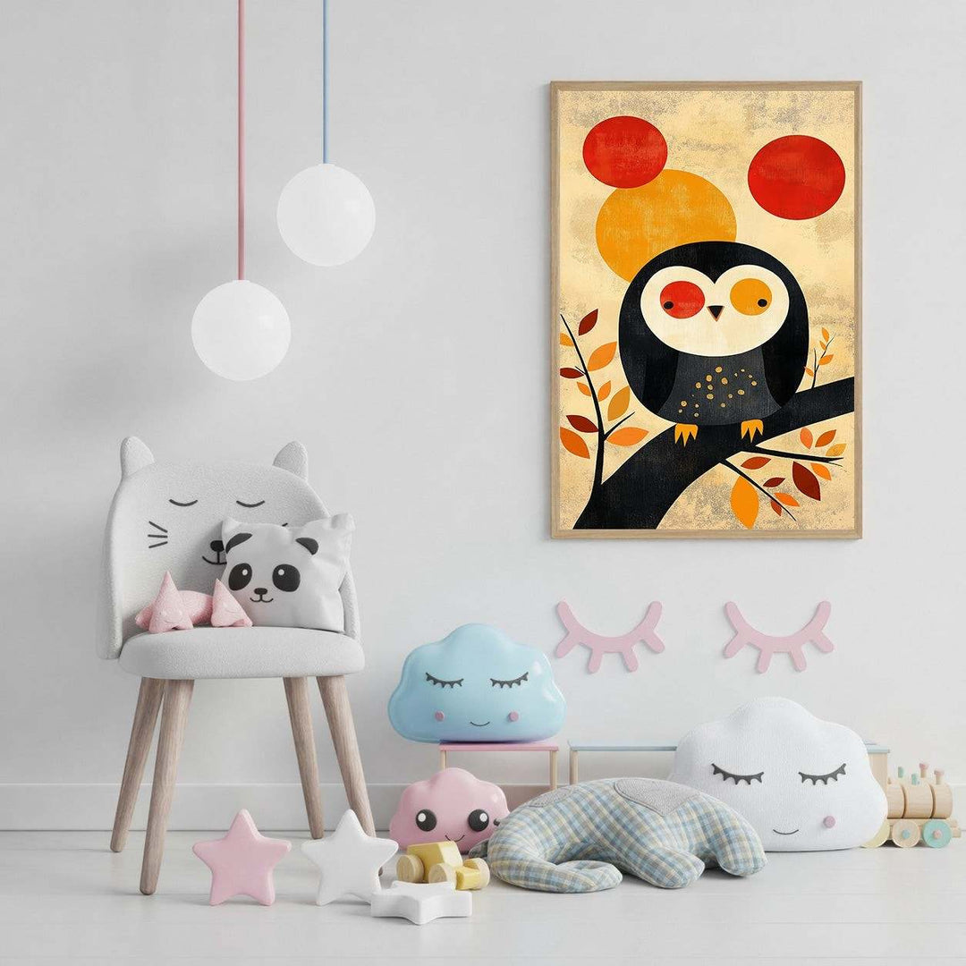 Wadi Home whimsical owl art print on a branch with red and orange circles in a child's room.