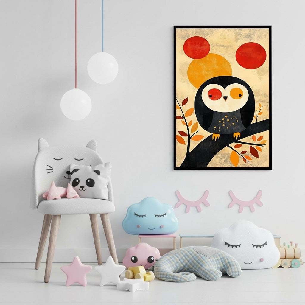 Wadi Home Whimsical owl art print with red and orange circles on a textured background, perched on a branch with autumn leaves.