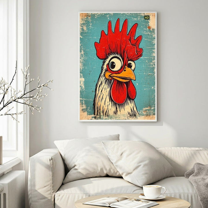 Wadi Home Whimsical Rooster Portrait wall art with a cartoonish rooster against a distressed teal background. Features bold red comb and wattle, expressive eyes, and yellow beak.