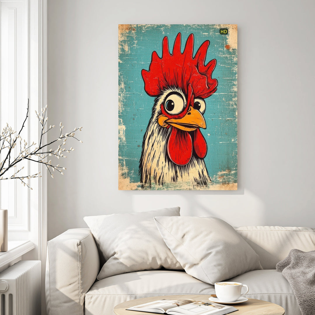 Wadi Home whimsical rooster portrait wall art with red comb and bold eyes on distressed teal background.