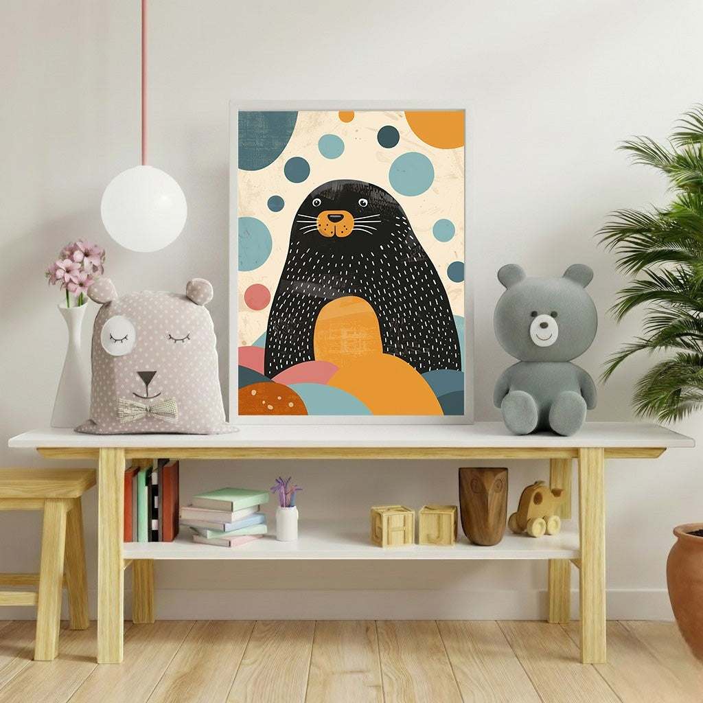 Wadi Home framed wall art featuring a whimsical black seal with orange accents surrounded by abstract blue and pink bubbles. Modern graphic style.