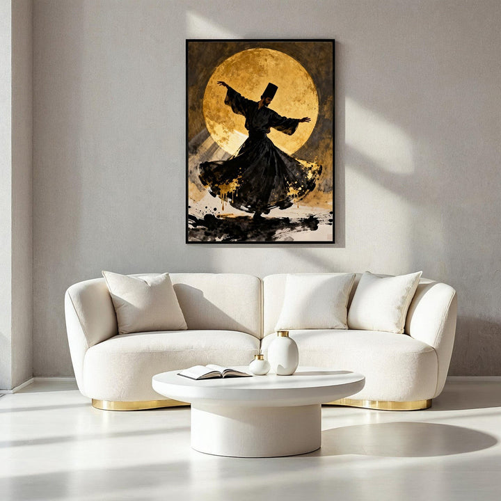 Wadi Home Whirling Dervish artwork, black silhouette dancing against a golden moon with abstract brushstrokes.