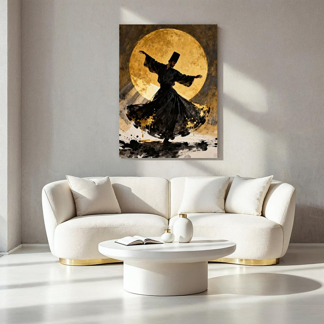 Wadi Home Whirling Dervish artwork in black silhouette against a golden moon, abstract brushstrokes.