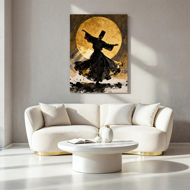 Wadi Home Whirling Dervish artwork in black silhouette against a golden moon, abstract brushstrokes.